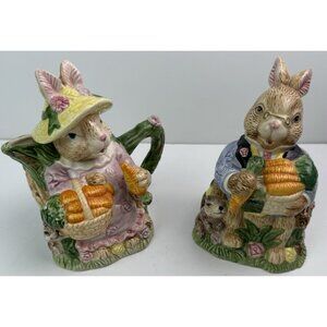 Fitz & Floyd 1993 Ceramic Bunny Rabbits Creamer and Lidded Sugar Dish Set EUC